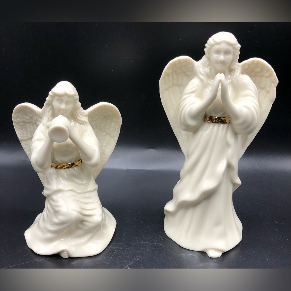 Lot 2 Lenox Nativity Angels 24 KT Gold Belts Kneeling With Horn & Praying X-Mas